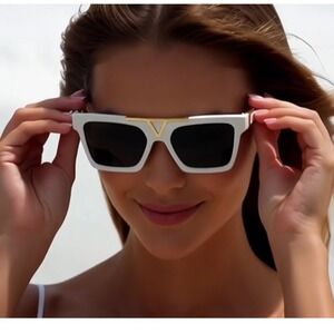 White Rectangular Sunglasses Womens Fashion Eyewear Celebrity Style Lentes Mujer